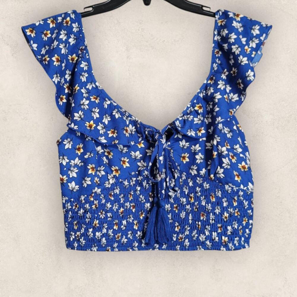 BOG Collective Blue Floral Ruffle Smock Crop Top Size Medium